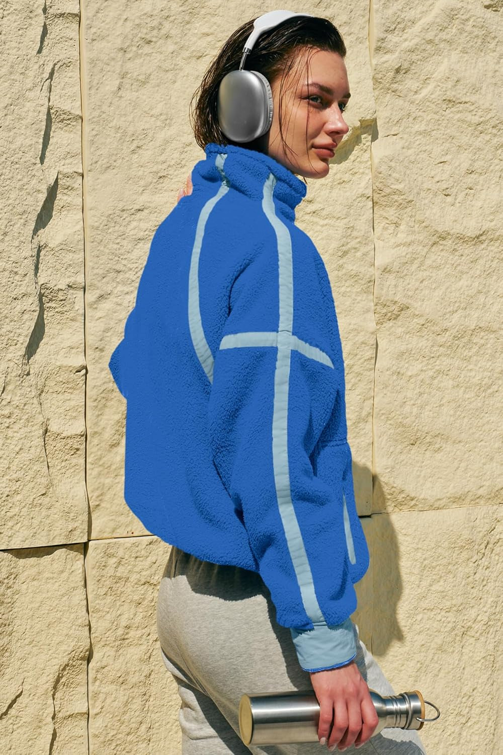 Womens Half Zip Sherpa Fleece Pullover Soft Oversized Sweatshirt with Pockets Warm Fuzzy Sweater