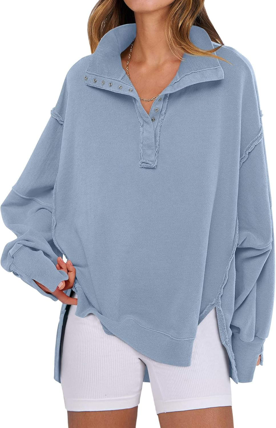 Women'S Sweatshirts Oversized Casual Loose Button up Henley Pullover Top High Low Split 2025 Fall Fashion Outfits