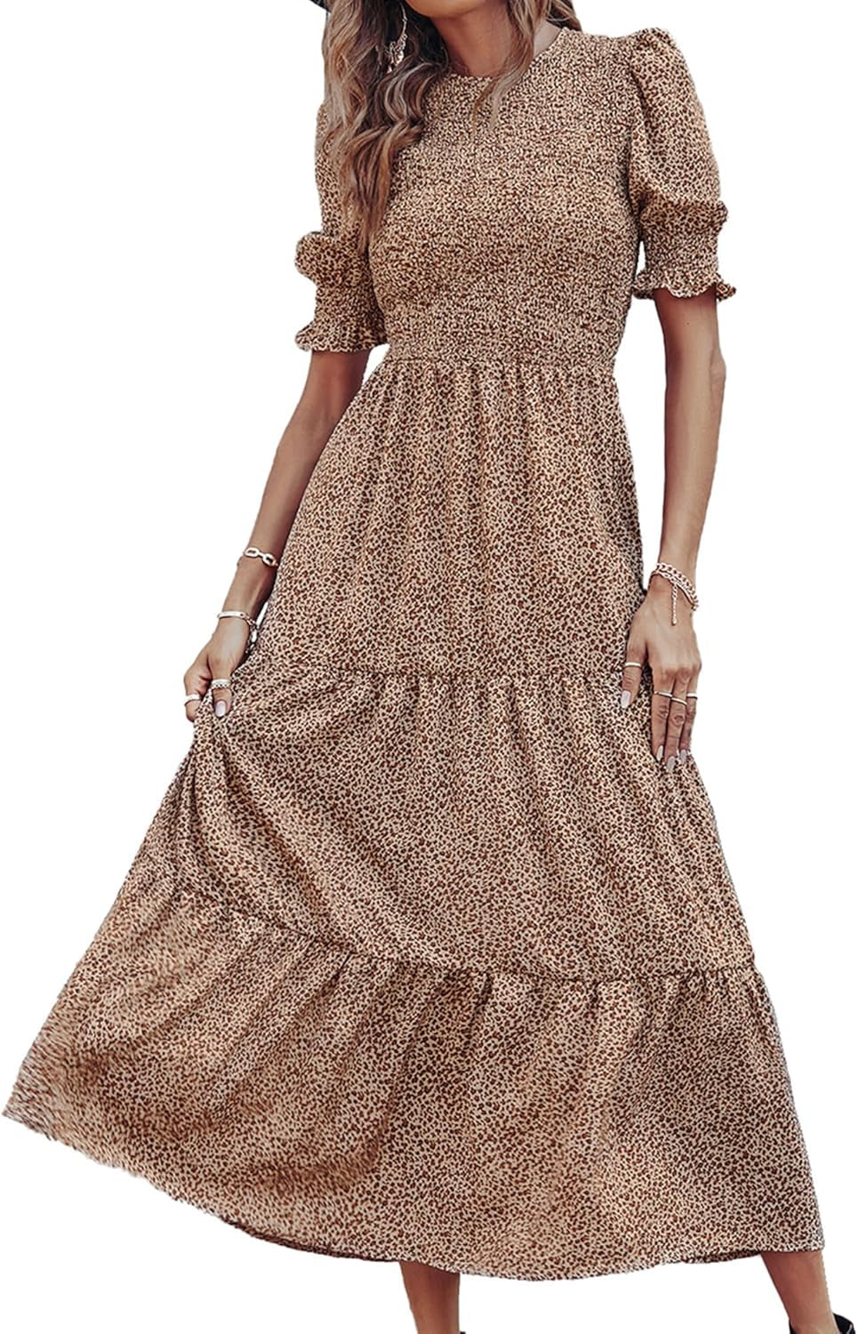 Women Casual Summer Dresses 2026 Spring Crew Neck Ruffle Short Sleeve Smocked Floral Boho Flowy Maxi Dress Clothes