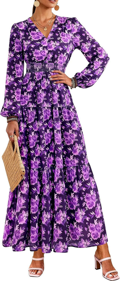 Long Sleeve Maxi Fall Dresses for Women 2026 Vneck Smocked Boho Floral Tiered Swing Flowy Wedding Guest Dress