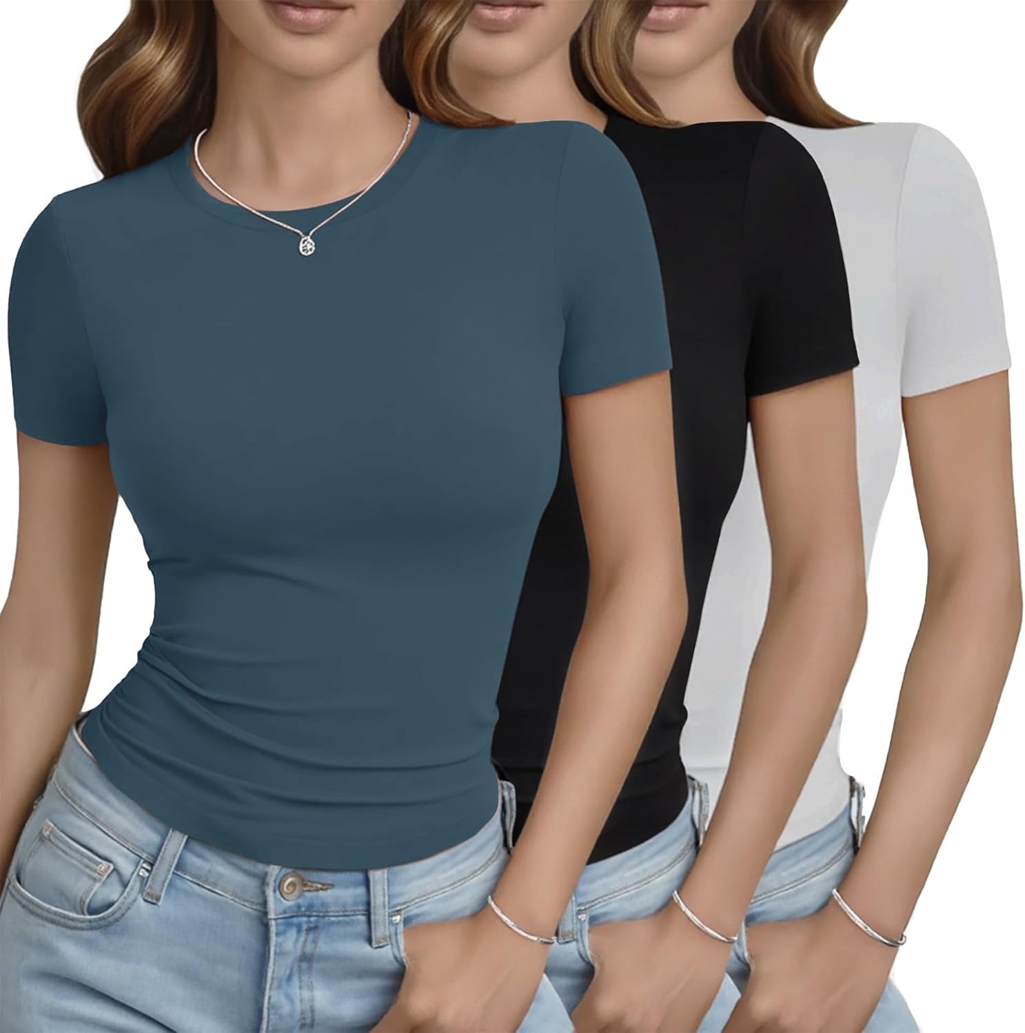 3 Pack Basic Tees for Women - Crew Neck Slim Fit Tight T Shirts Cute Y2K Trendy Crop Tops Clothes for Casual Summer