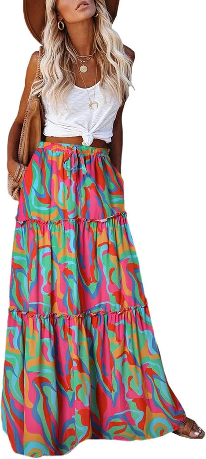Womens Boho Maxi Skirt 2026 Summer Cruise Casual High Waist Tie Flowy Long Skirt with Pockets for Beach Vacation