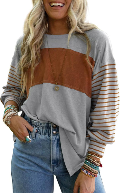 Long Sleeve Tops Oversized 2025 Trendy round Crew Neck Casual Color Block Womens Shirts Blouses