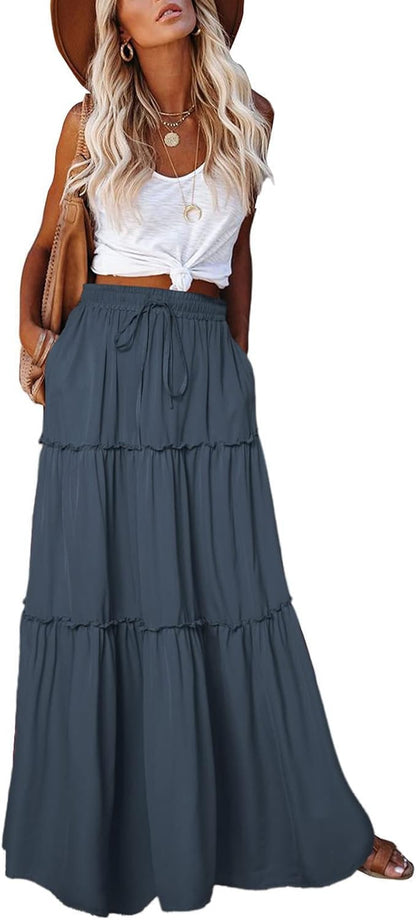 Womens Boho Maxi Skirt 2026 Summer Cruise Casual High Waist Tie Flowy Long Skirt with Pockets for Beach Vacation