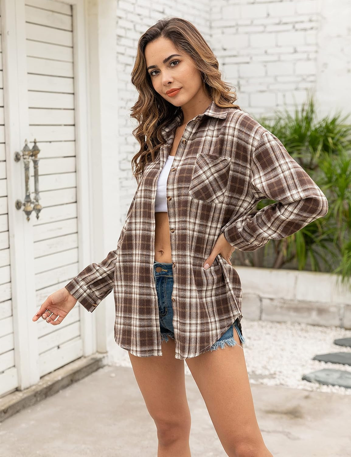 Oversized Flannel Shirt Women Long Sleeve Plaid Button Buffalo Shirt Blouse Tops with One Pocket