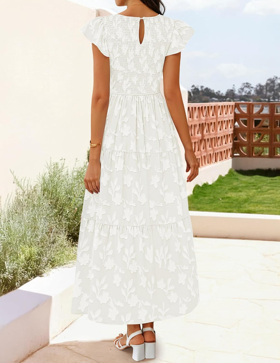 Women'S Summer Boho Floral Midi Dress 2026 Casual Flutter Short Sleeve Crewneck Smocked Flowy Beach Long Dresses