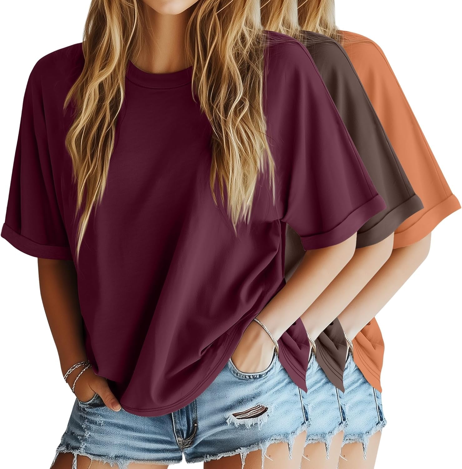 3 Pack Women'S Oversized T-Shirt Half Sleeve Summer Tees Casual Loose Fit Crew Neck Basic Tops