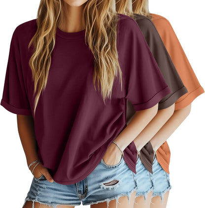 3 Pack Women'S Oversized T-Shirt Half Sleeve Summer Tees Casual Loose Fit Crew Neck Basic Tops