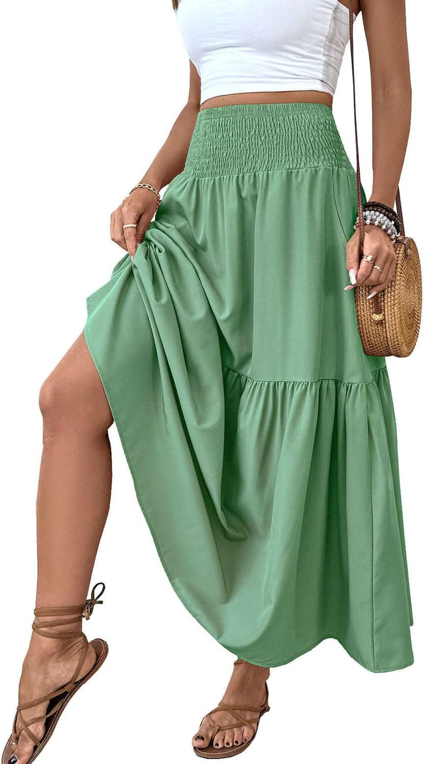 Women'S Smocked High Waist Maxi Skirt Casual Boho Long Skirts with Pockets
