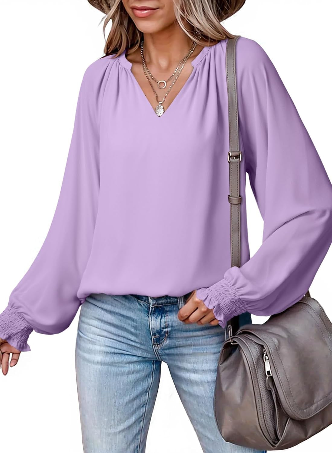 Womens Blouses Dressy Casual Flowy Boho Tops V Neck Long Sleeve Shirts