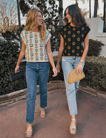 Womens Floral Sweater Vest Summer Short Sleeve Crew Neck Cute Loose Knit Tops 2026 Trendy Clothes Outfits