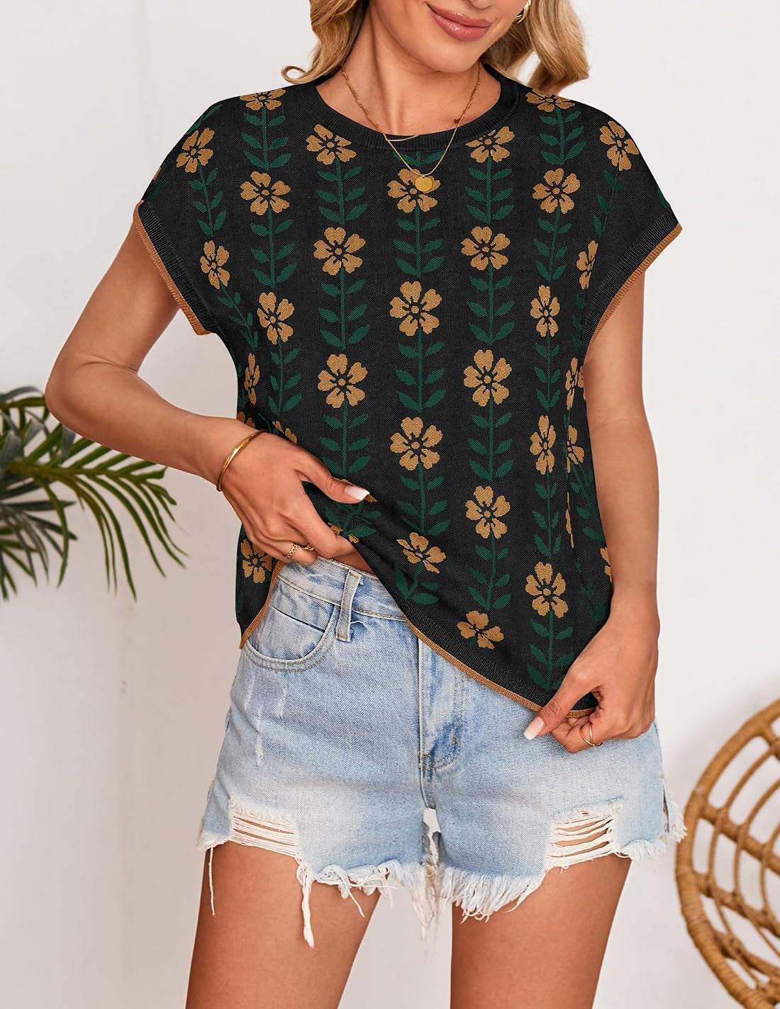 Womens Floral Sweater Vest Summer Short Sleeve Crew Neck Cute Loose Knit Tops 2026 Trendy Clothes Outfits