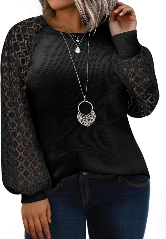 plus Size Tops for Women Lace Long Sleeve Crew Neck Waffle Knit Business Work Dressy Shirts(1X-5X)