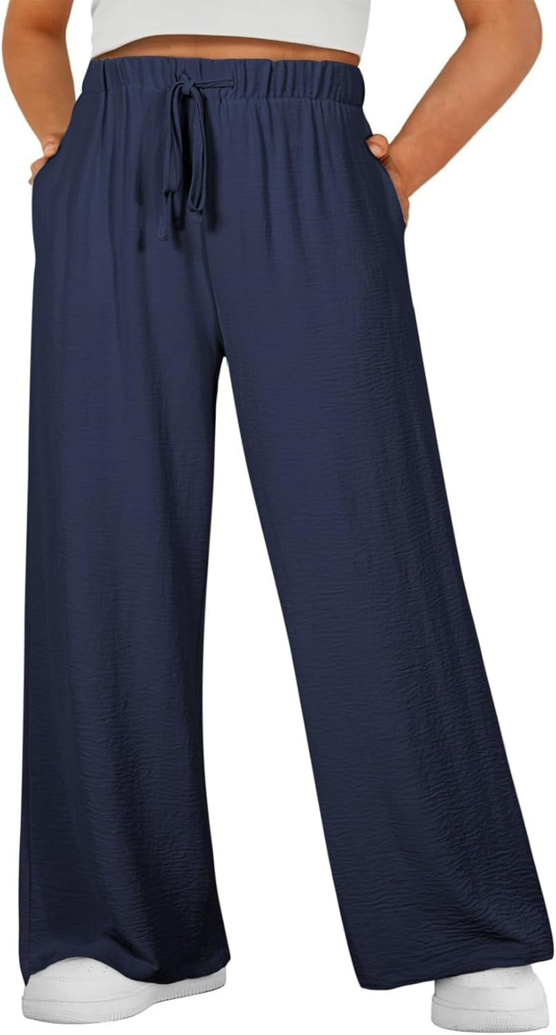 Womens plus Size Pants Summer Elastic High Waist Drawstring Casual Loose Wide Leg Trousers Pants with Pockets(1X-5X)