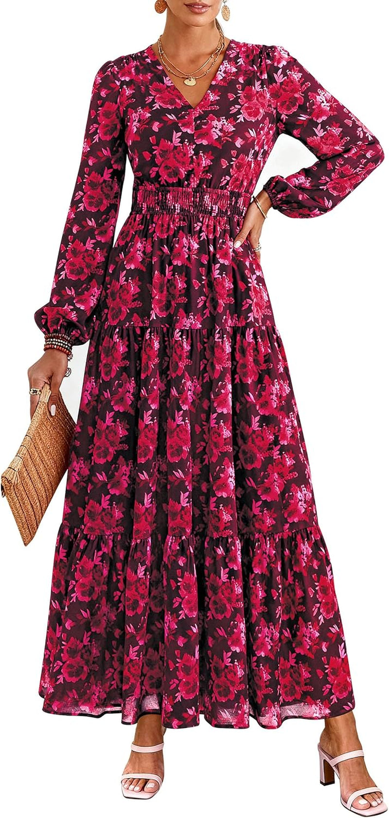 Long Sleeve Maxi Fall Dresses for Women 2026 Vneck Smocked Boho Floral Tiered Swing Flowy Wedding Guest Dress
