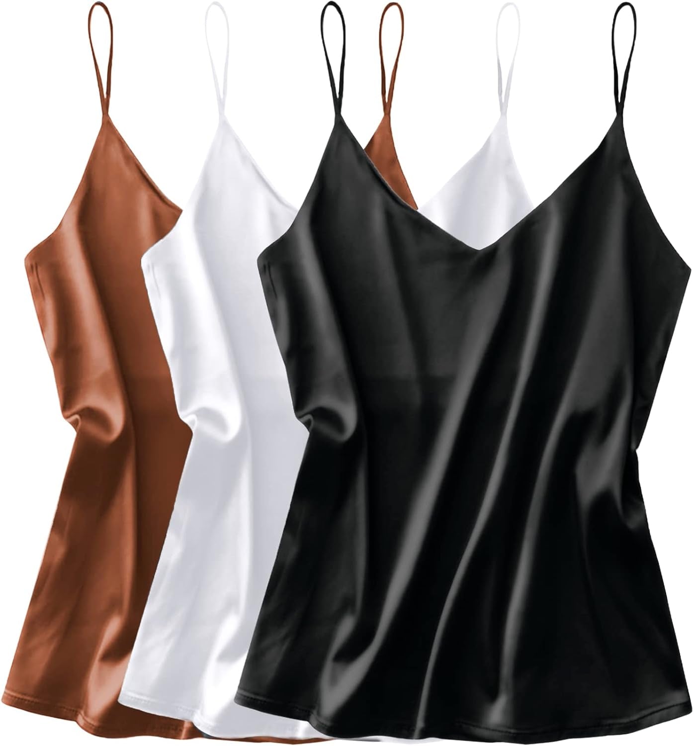 3 Pack: Womens Silk Satin Tank Top V Neck Camisole Cami Spaghetti Strap Top Loose Sleeveless Blouses Tank Shirt