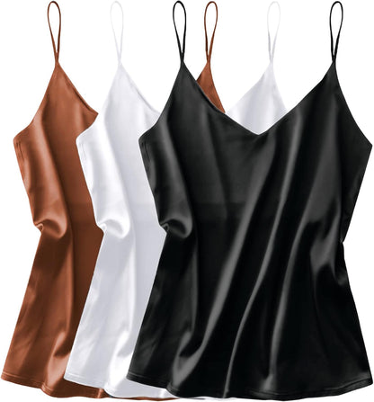 3 Pack: Womens Silk Satin Tank Top V Neck Camisole Cami Spaghetti Strap Top Loose Sleeveless Blouses Tank Shirt