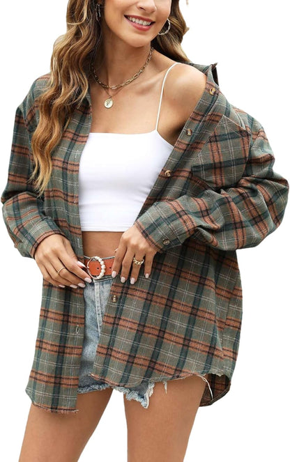 Oversized Flannel Shirt Women Long Sleeve Plaid Button Buffalo Shirt Blouse Tops with One Pocket