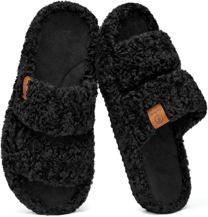 Womens Fuzzy Open-Toe Slippers Soft Comfy Memory Foam Indoor House Shoes