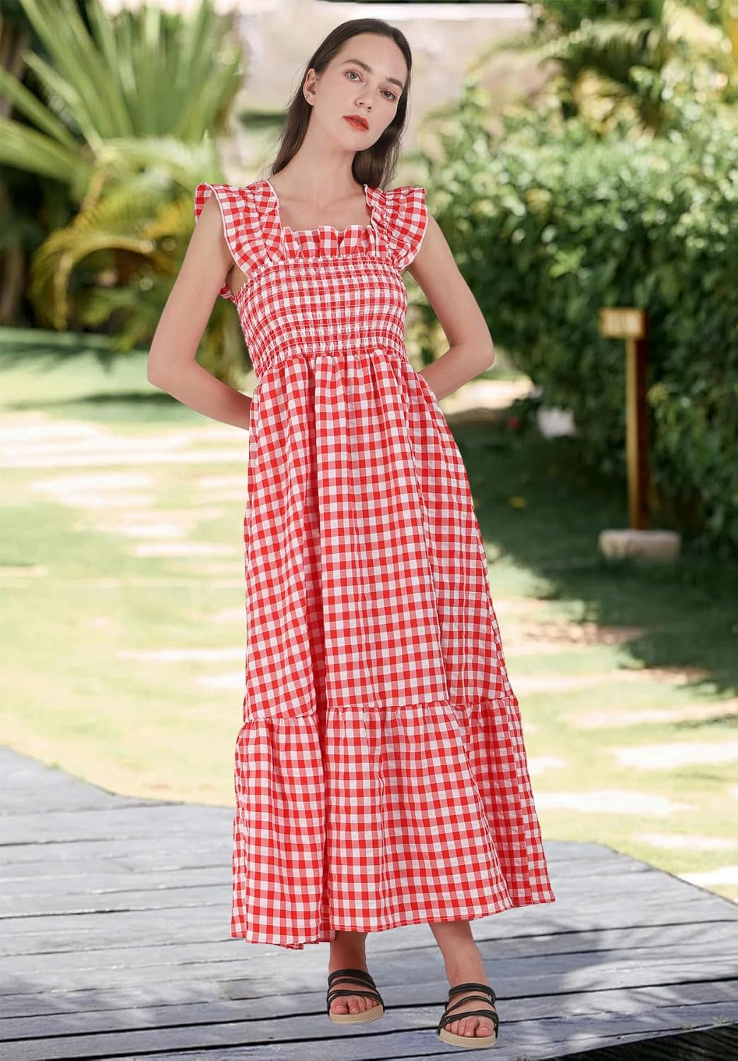 Women'S Retro Plaid Smocked Dress Spaghetti Strap Flounce Long Dress