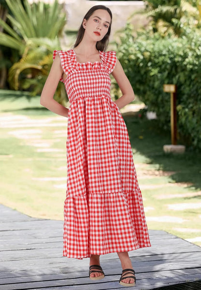 Women'S Retro Plaid Smocked Dress Spaghetti Strap Flounce Long Dress