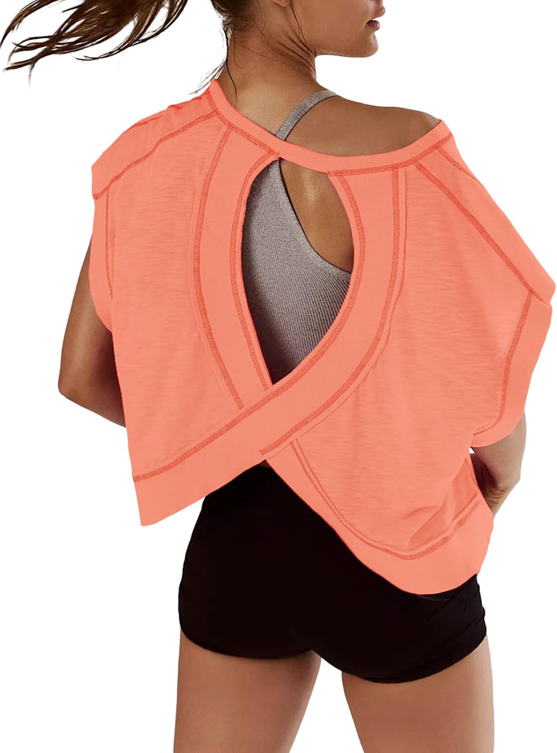 Women Short Sleeve Workout Shirts Open Back Tops Casual Yoga Y2K Athletic Gym Slouchy Crop Running Tees