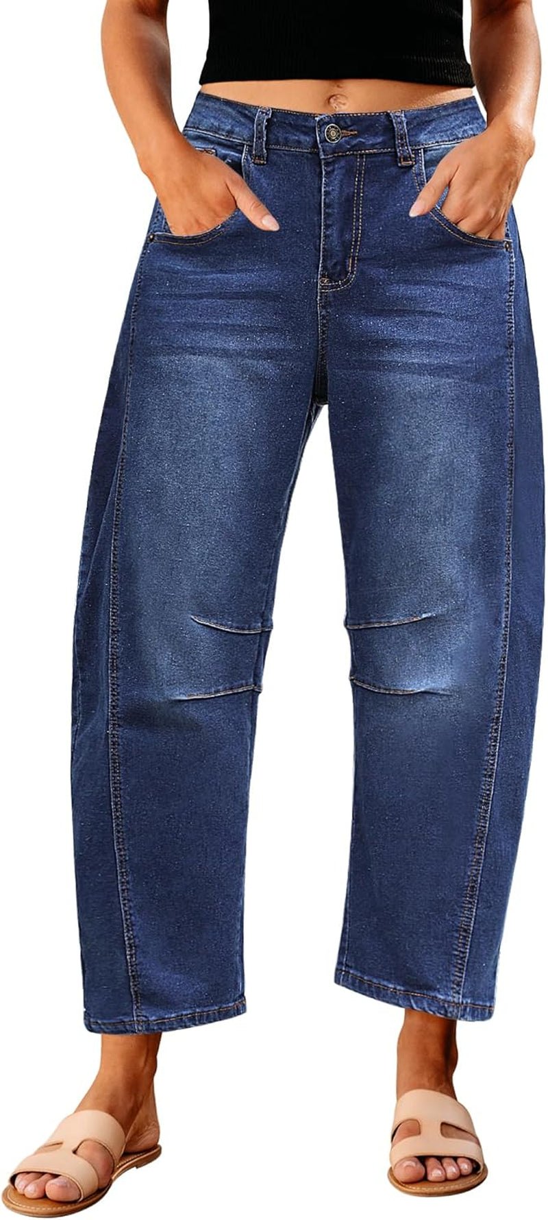 Barrel Jeans for Women Trendy High Waisted Wide Leg Baggy Cropped Relax Fit Stretch Denim Trouser Ankle Pants