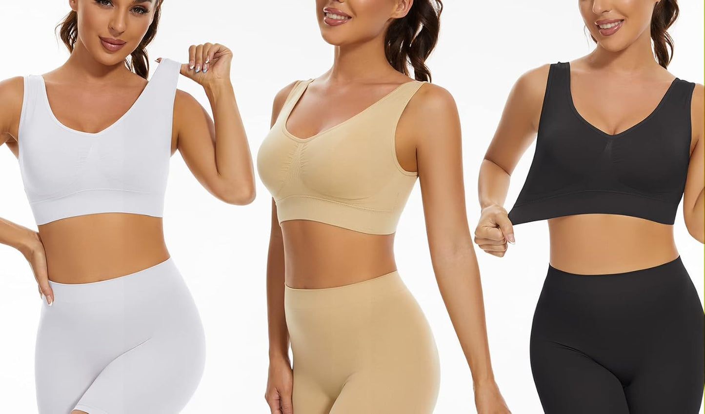 3-Pack Seamless Sports Bra Wirefree Yoga Bra with Removable Pads for Women