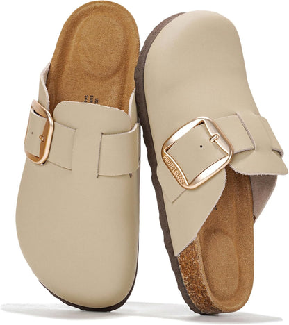 100% Genuine Leather Clogs for Women Shoes - Memory Foam Insole, Non-Slip & Natural Cork Footbed Arch Support Big Buckle Womens Clogs and Mules Footwear (Manchester)