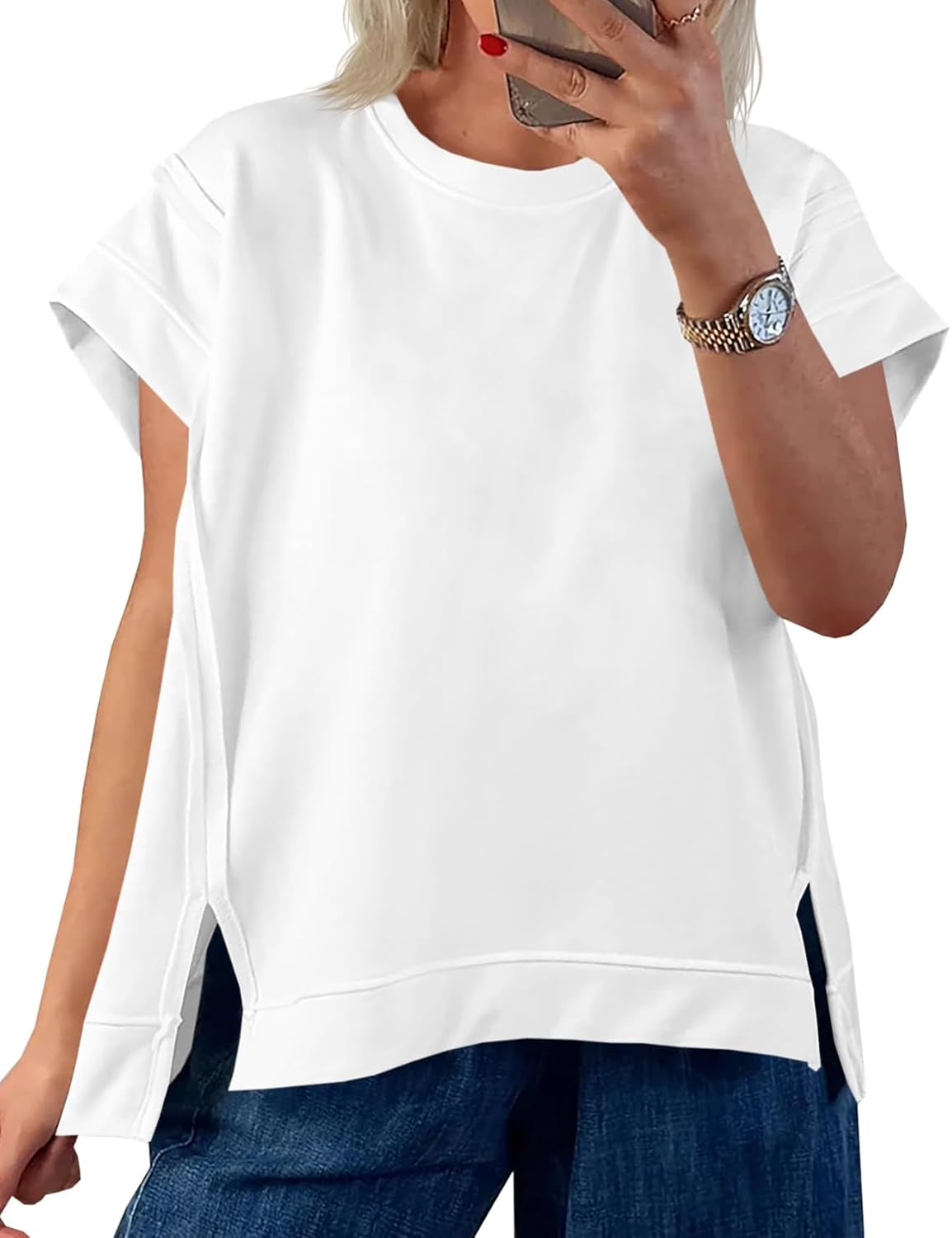 Womens Oversized Short Cap Sleeve T-Shirts Crew Neck Side Slit Tops Summer Casual Loose Fit Tees Tunic Shirts