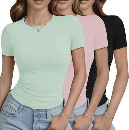 3 Pack Basic Tees for Women - Crew Neck Slim Fit Tight T Shirts Cute Y2K Trendy Crop Tops Clothes for Casual Summer