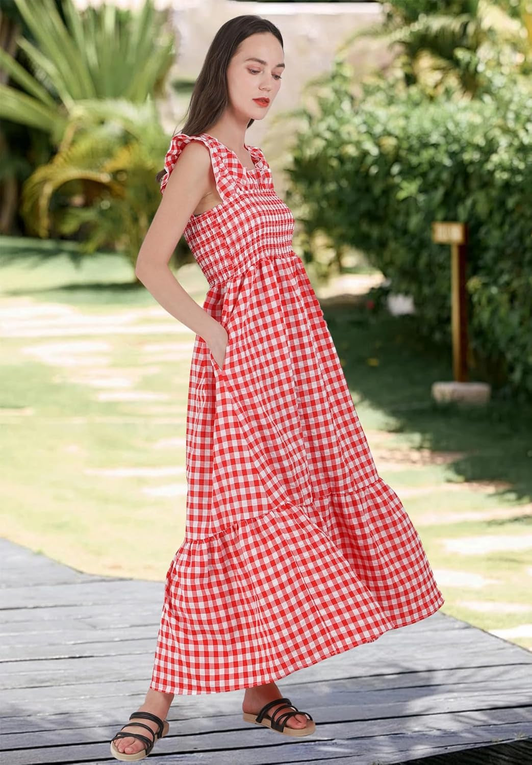 Women'S Retro Plaid Smocked Dress Spaghetti Strap Flounce Long Dress