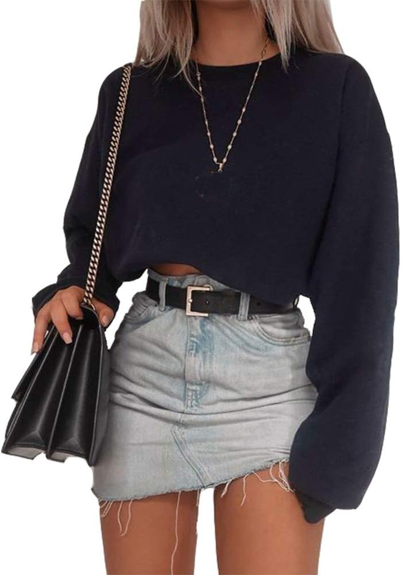 Women'S Crewneck Long Sleeve Crop Tops Workout Casual Pullover Loose Sweatshirts