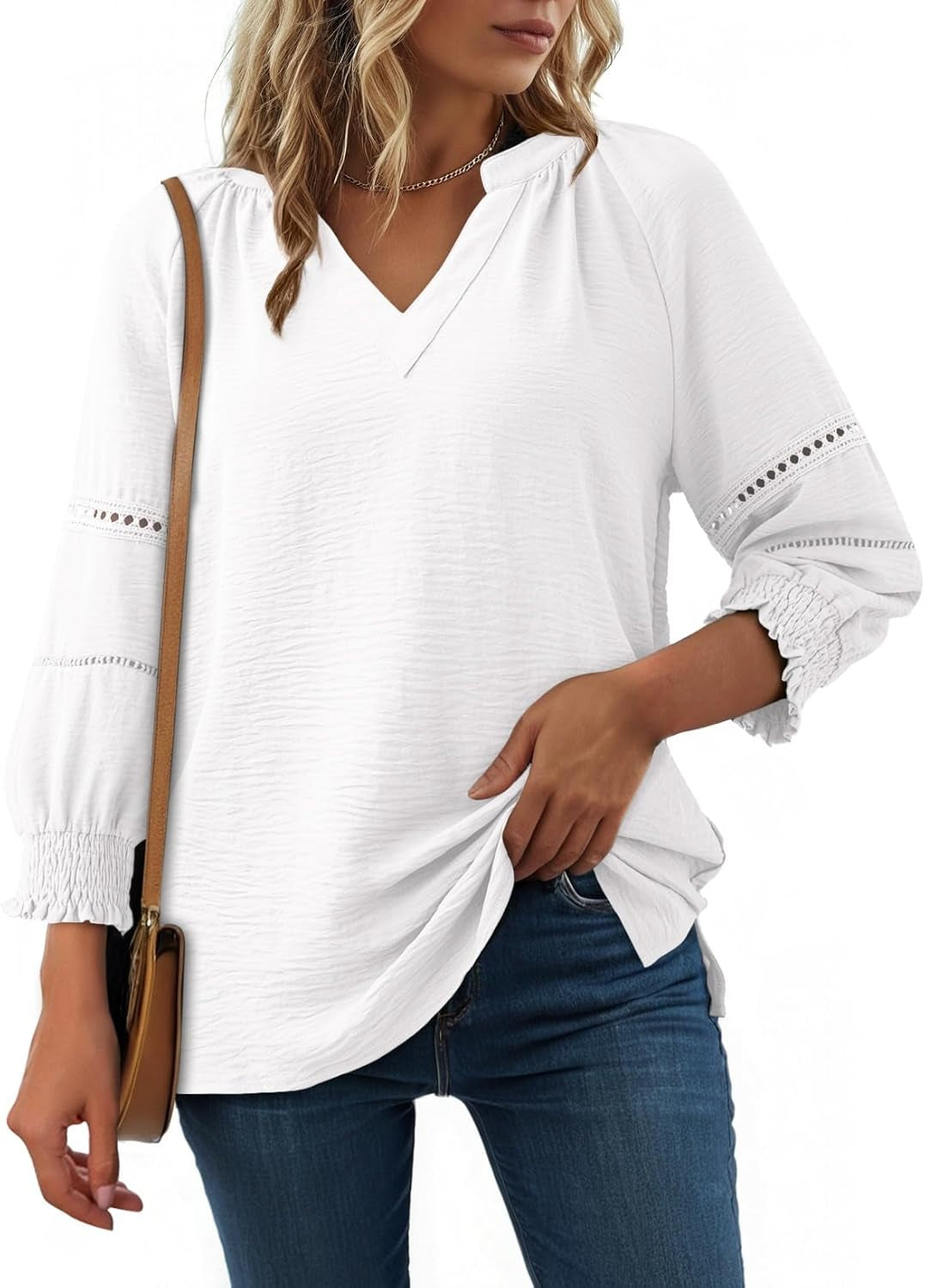 Womens 3/4 Sleeve Tops Pleated Business Casual Outifits V Neck Blouses Office Loose Shirts