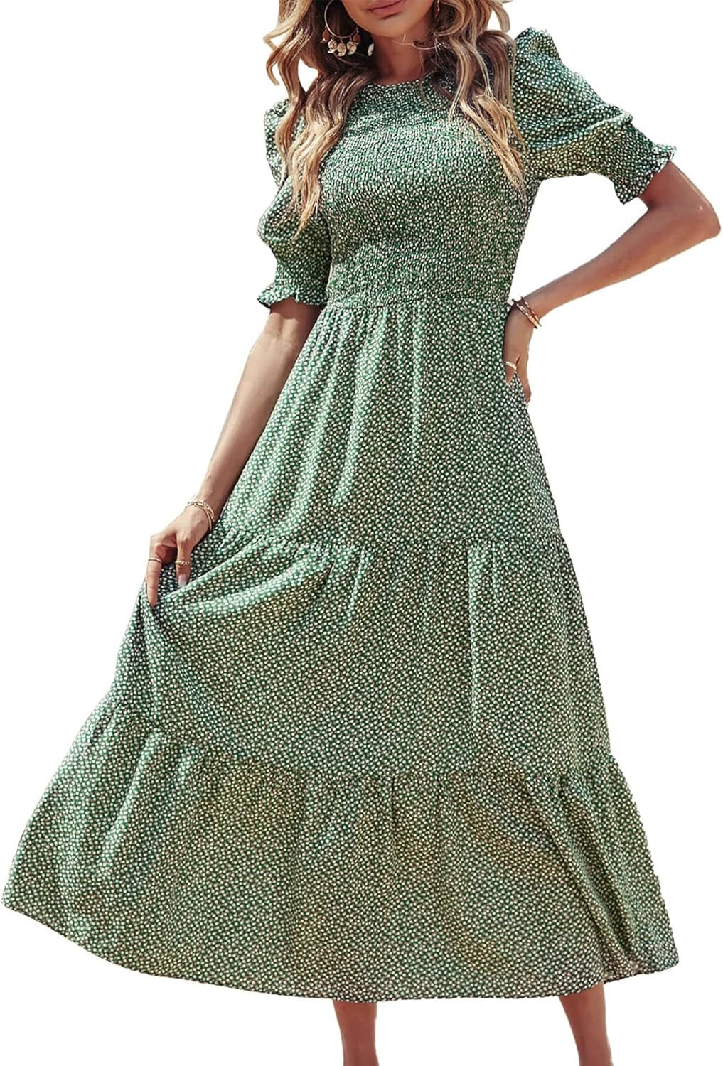 Women Casual Summer Dresses 2026 Spring Crew Neck Ruffle Short Sleeve Smocked Floral Boho Flowy Maxi Dress Clothes