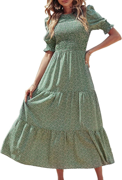 Women Casual Summer Dresses 2026 Spring Crew Neck Ruffle Short Sleeve Smocked Floral Boho Flowy Maxi Dress Clothes
