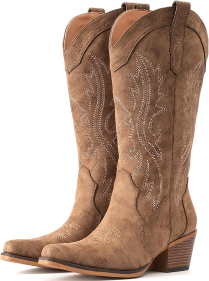 Cowboy Boots for Women Western Cowgirl Boots with Chunky Heel Mid Calf Snip Toe Ideal for Low Insteps