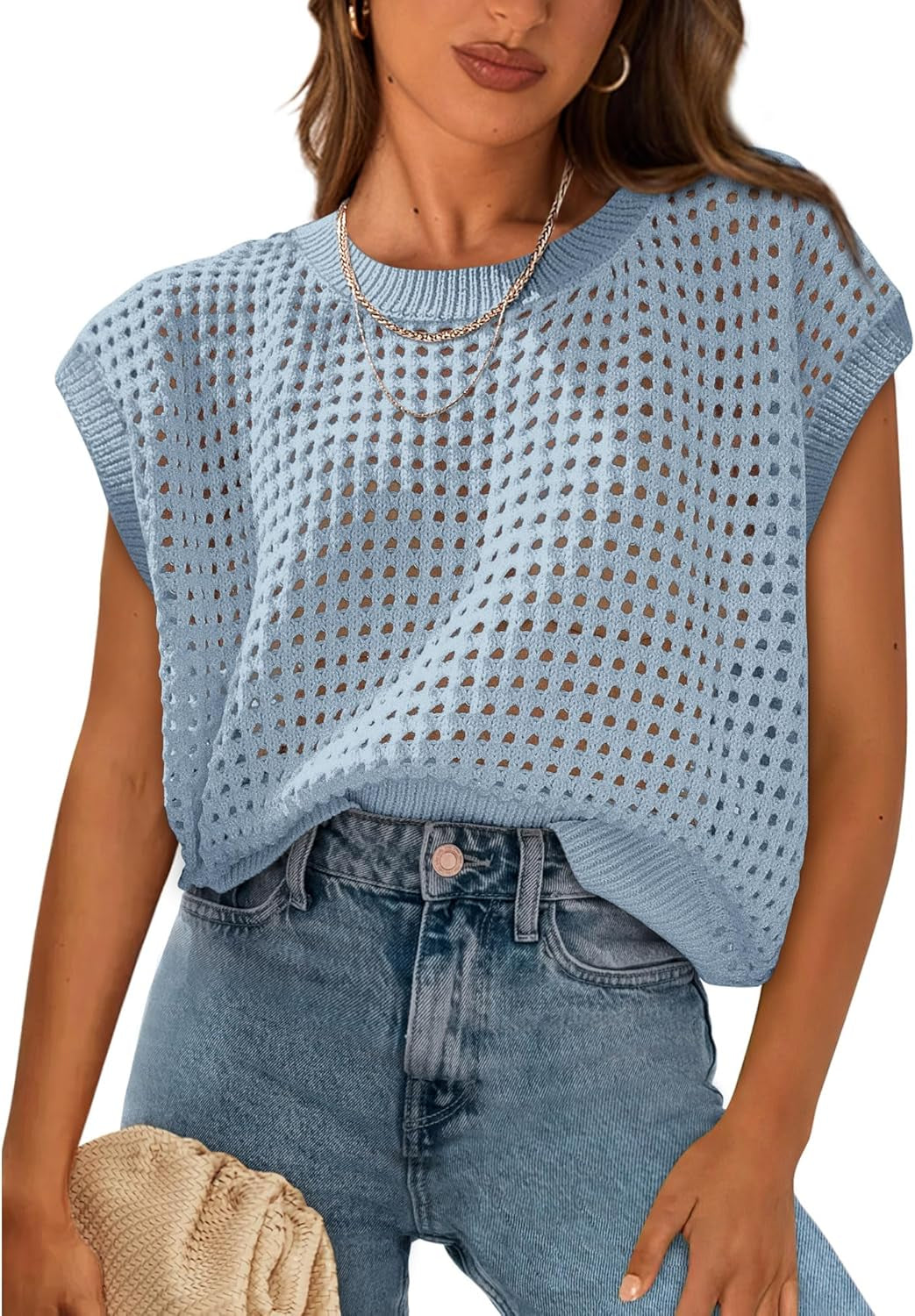 Womens Spring Tops 2026 Summer Shirts Crochet Cap Sleeve Sweater Pullover Cute Beach Vacation Clothes