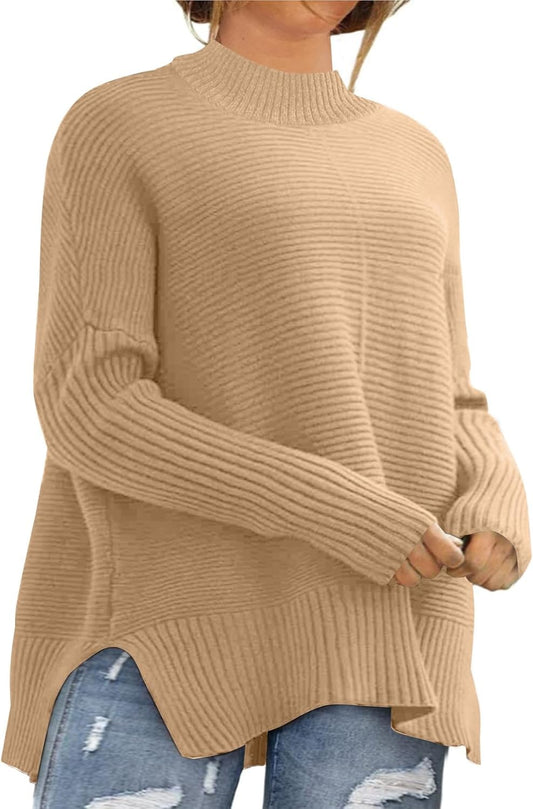 Womens plus Size Sweaters Long Sleeve Crew Neck Split Hem Casual Oversized Ribbed Knit Tunic Pullover Tops(1X-5X)