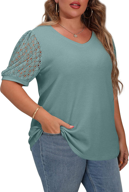 plus Size Tops for Women Summer Blouse Waffle Knit Short Lace Sleeve Shirts