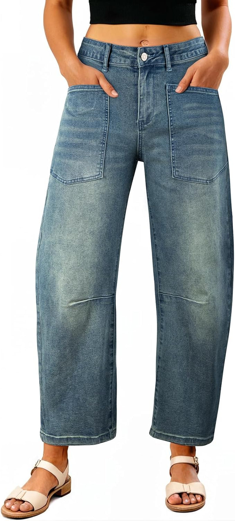 Womens Baggy Barrel Jeans High Waisted Wide Leg Boyfriend Denim Ankle Pants