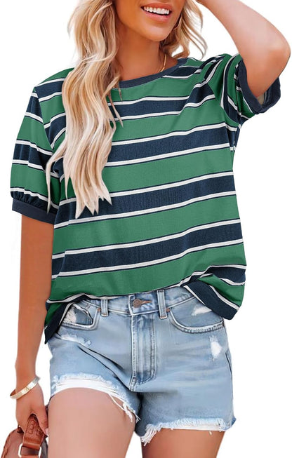 Womens Summer Tops 2025 Striped Color Block Short Sleeve T-Shirts Crewneck Casual Loose Basic Tee Blouses