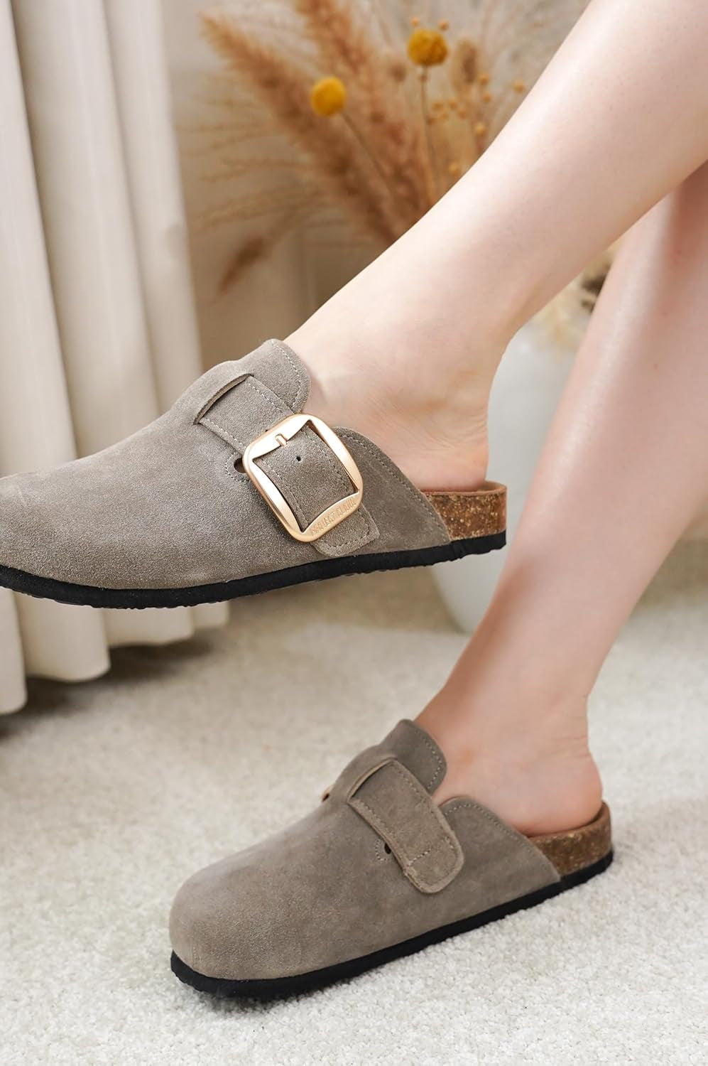 100% Genuine Leather Clogs for Women Shoes - Memory Foam Insole, Non-Slip & Natural Cork Footbed Arch Support Big Buckle Womens Clogs and Mules Footwear (Manchester)