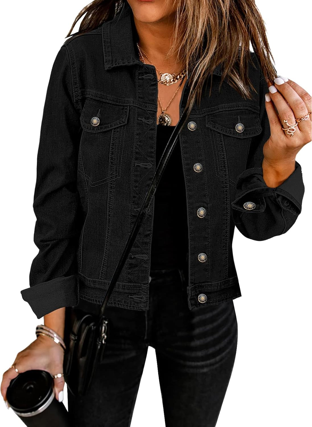 Women'S Basic Button down Long Sleeve Stretchy Jean Trucker Denim Jacket