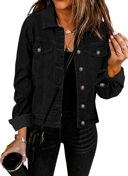Women'S Basic Button down Long Sleeve Stretchy Jean Trucker Denim Jacket