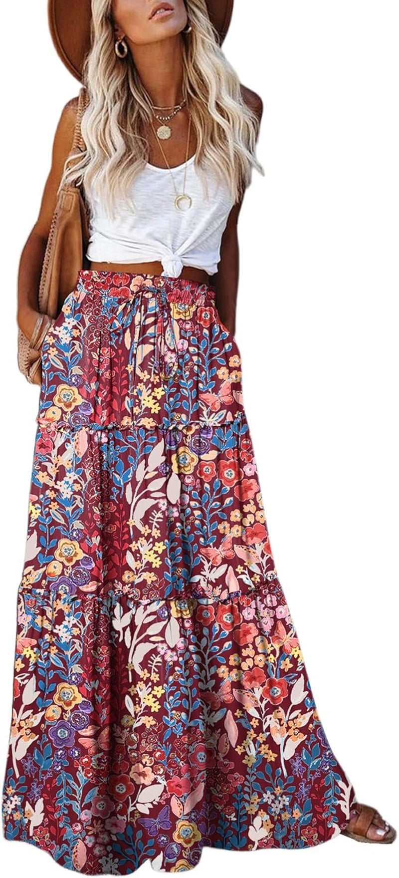 Womens Boho Maxi Skirt 2026 Summer Cruise Casual High Waist Tie Flowy Long Skirt with Pockets for Beach Vacation