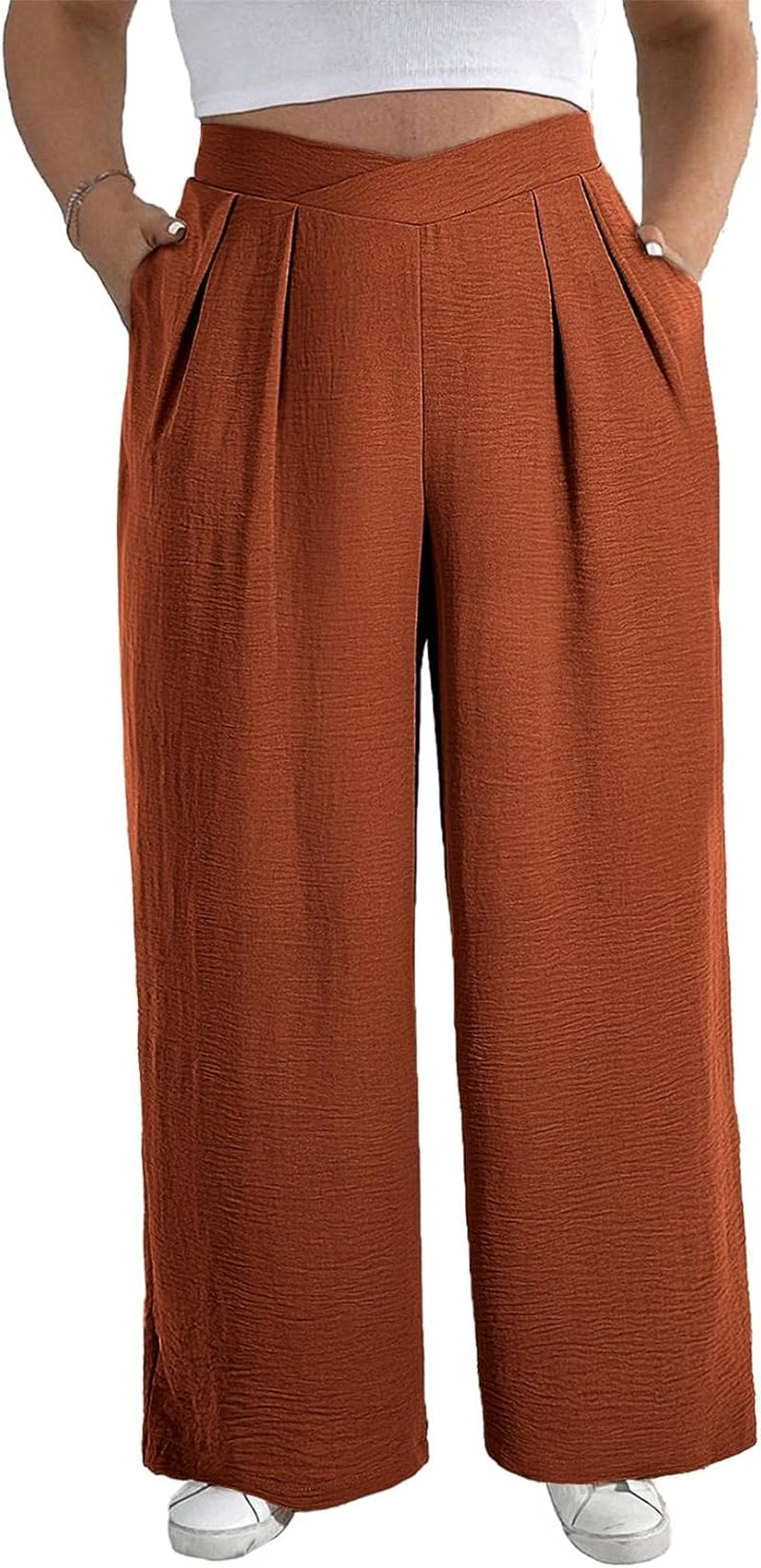 Womens plus Size Wide Leg Pants Crossover Waist Pleated Front Casual Work Pants Lounge Trouser with Pockets(1X-5X)
