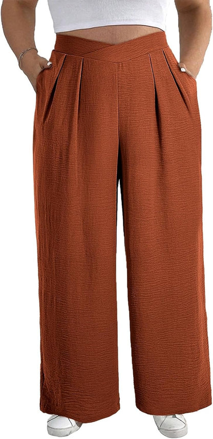 Womens plus Size Wide Leg Pants Crossover Waist Pleated Front Casual Work Pants Lounge Trouser with Pockets(1X-5X)