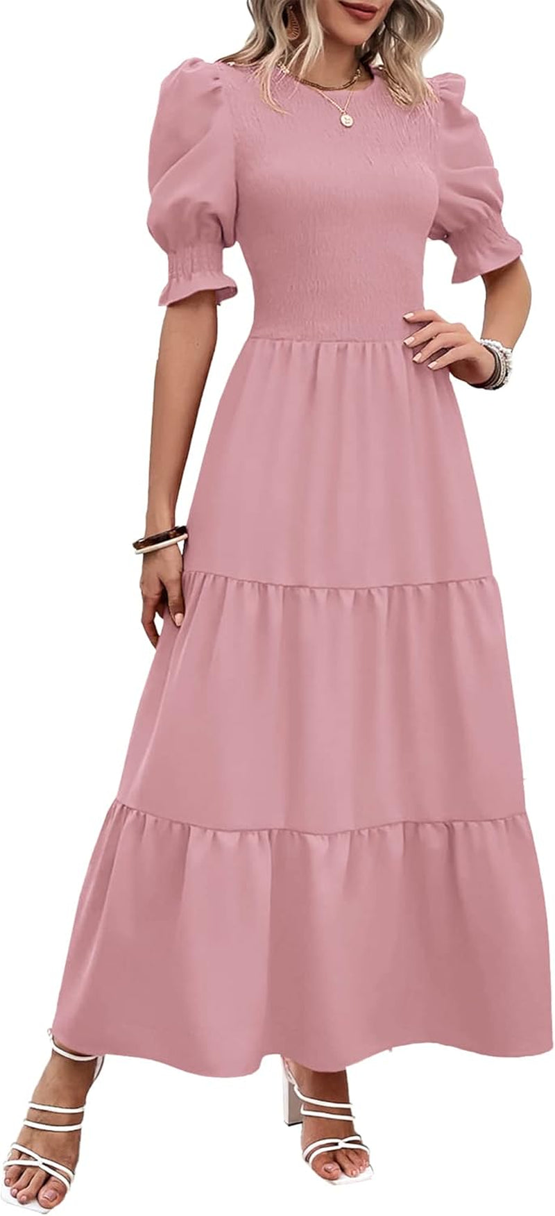 Women Casual Summer Dresses 2026 Spring Crew Neck Ruffle Short Sleeve Smocked Floral Boho Flowy Maxi Dress Clothes