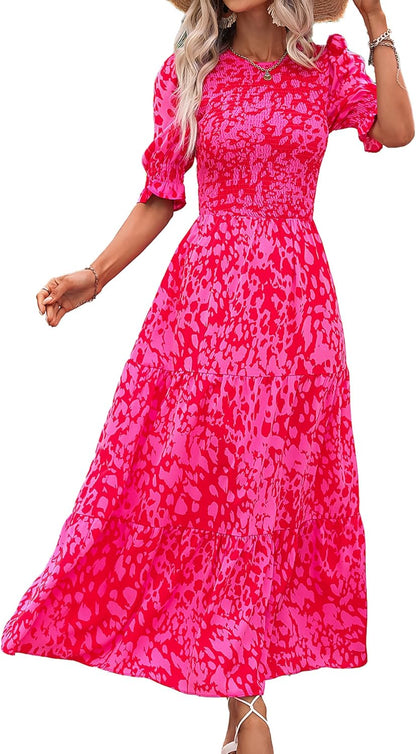 Women Casual Summer Dresses 2026 Spring Crew Neck Ruffle Short Sleeve Smocked Floral Boho Flowy Maxi Dress Clothes